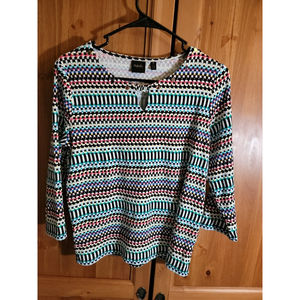 Rafaella Womens Shirt M Colorful Keyhole Neck Silver Rivets 3/4 Sleeves Cotton